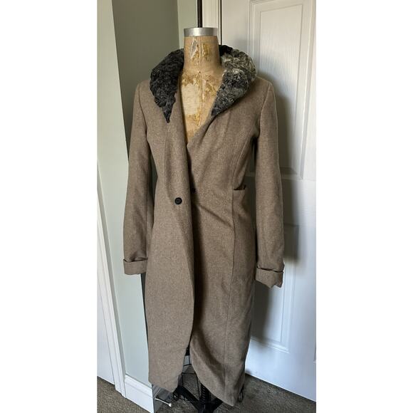 Women's Wool Dress Coat BLUE DEEP Tan/ Beige Taupe Lamb Fur 6-8 Italy 42 EU, S - Picture 15 of 16